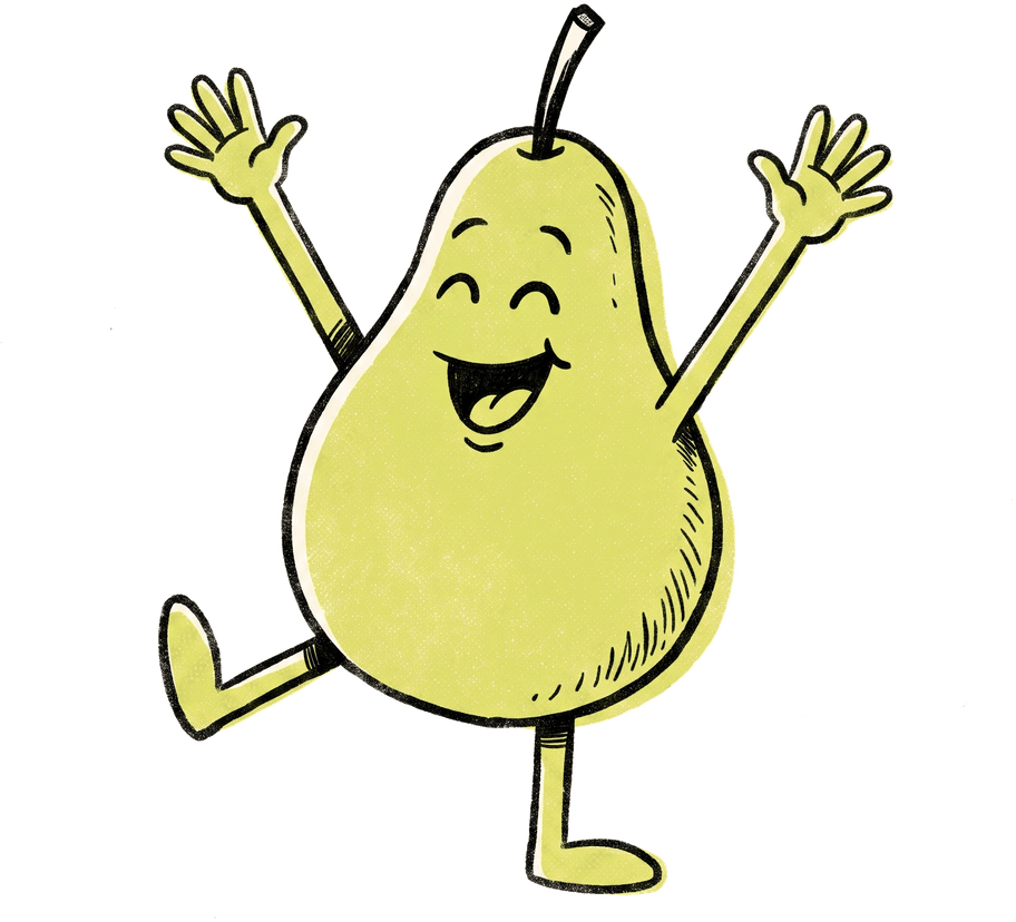 A pear character celebrating with both arms in the air.
