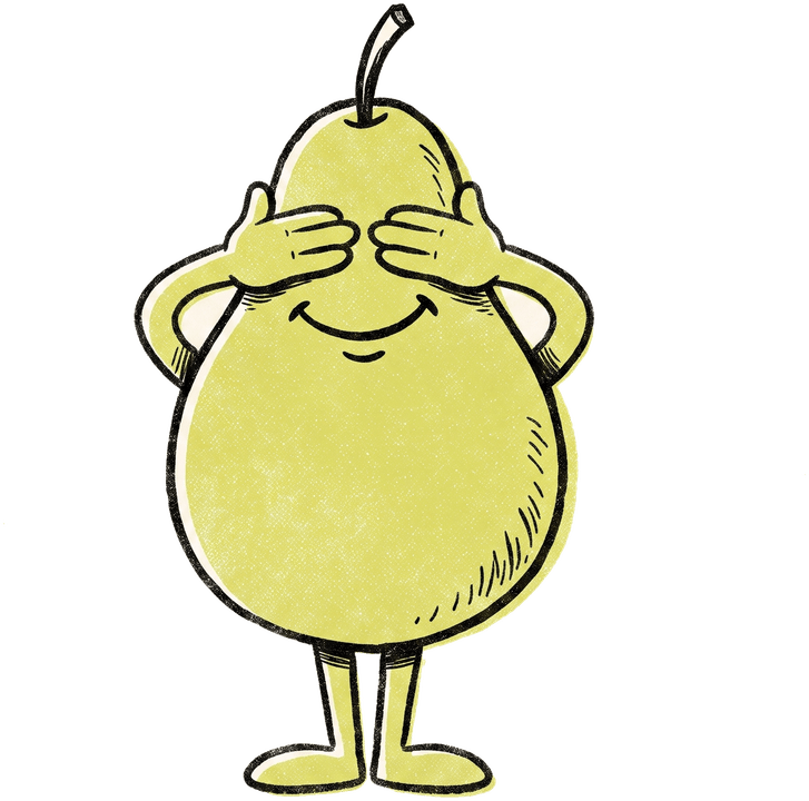 A pear character covering its own eyes with both hands, smiling.