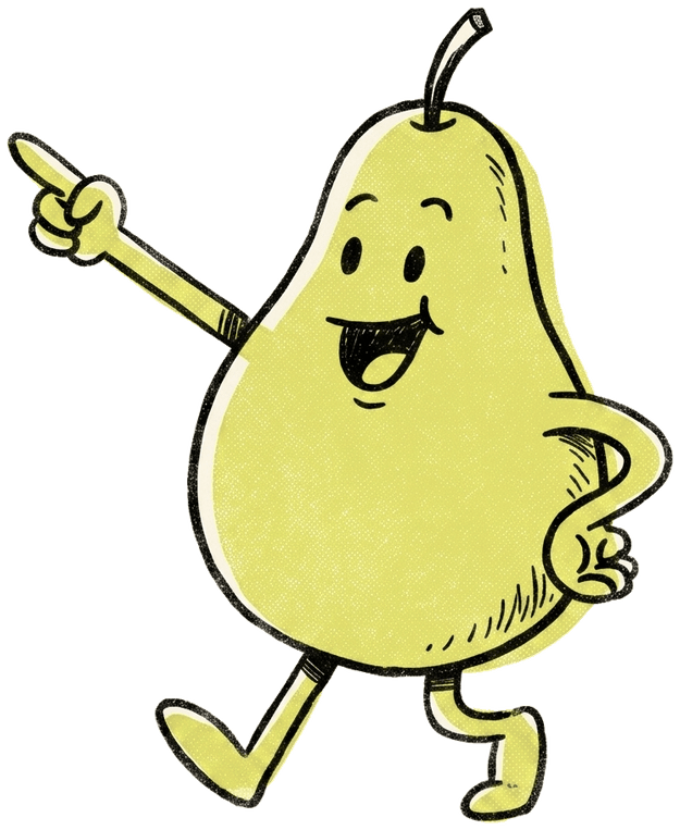 A pear character striding along and pointing off to one side.