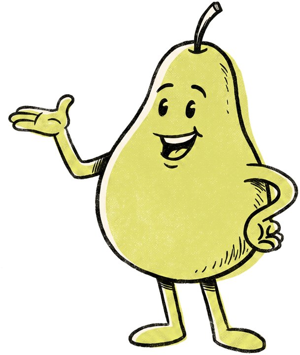 A pear character gesturing to one side with an open palm.