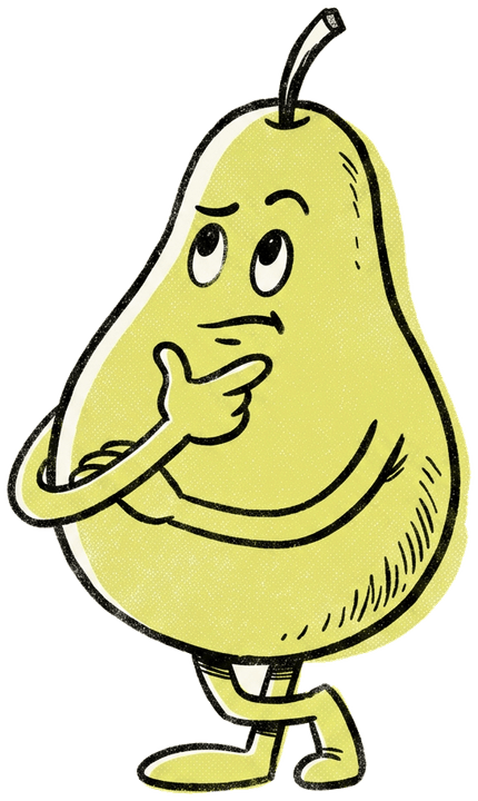 A pear character thinking, one hand under its chin.