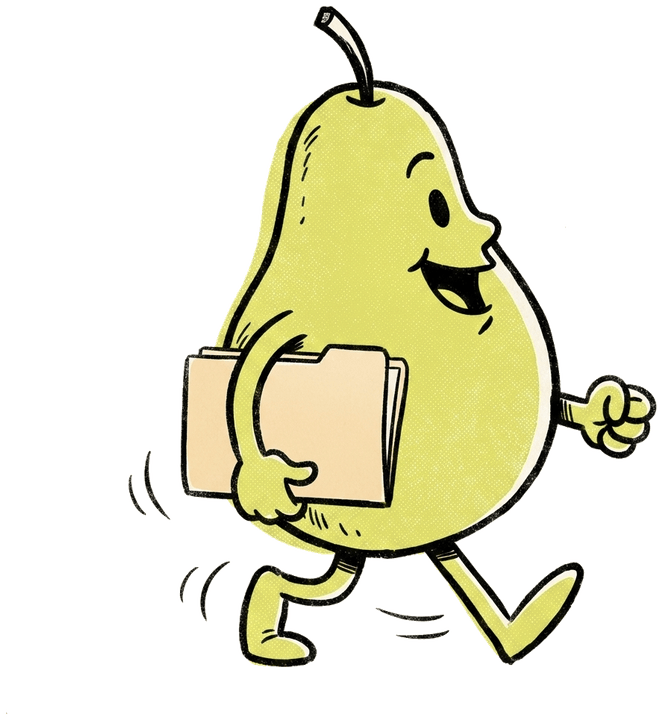 A pear character walking briskly with a folder under one arm.