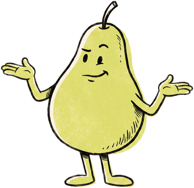 A pear character weighing something up, palms held like scales.